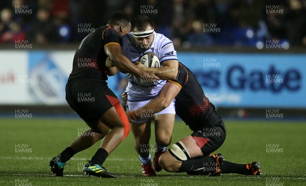 020319 - Cardiff Blues v Southern Kings - Guinness PRO14 - Liam Belcher of Cardiff Blues is tackled by Alulotho Tshakweni and John-Charles Astle of Southern Kings