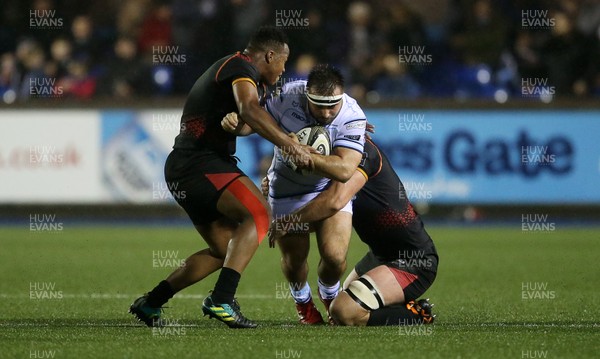 020319 - Cardiff Blues v Southern Kings - Guinness PRO14 - Liam Belcher of Cardiff Blues is tackled by Alulotho Tshakweni and John-Charles Astle of Southern Kings
