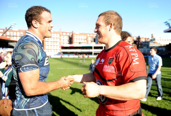 211012 - Cardiff Blues v Toulon - Heineken Cup -Jamie Roberts of Cardiff Blues and Gethin Jenkins of Toulon at the end of the game