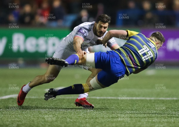 140118 - Cardiff Blues v Stade Toulousain, European Rugby Challenge Cup - Owen Lane of Cardiff Blues is tackled by Sofiane Guitoune of Toulouse