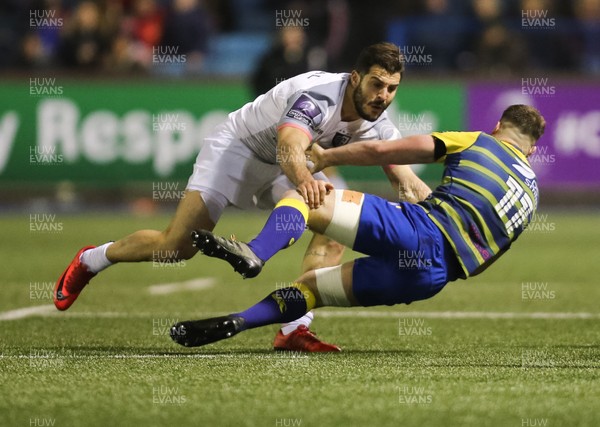 140118 - Cardiff Blues v Stade Toulousain, European Rugby Challenge Cup - Owen Lane of Cardiff Blues is tackled by Sofiane Guitoune of Toulouse