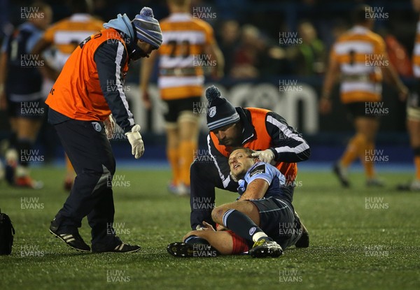091119 - Cardiff Blues v Toyota Cheetahs - Guinness PRO14 - Jason Tovey of Cardiff Blues is quickly seen to by after his collision with Jasper Wiese of Cheetahs