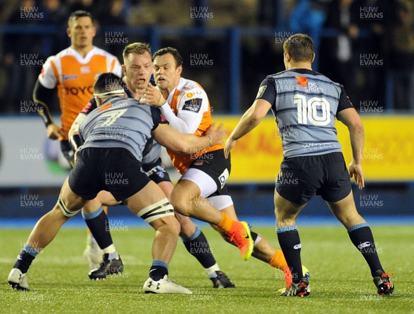 100218 - Cardiff Blues v Toyota Cheetahs - Guinness PRO14 - Nico Lee of Toyota Cheetahs is tackled by Ellis Jenkins of Cardiff Blues