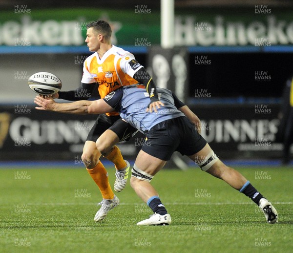 100218 - Cardiff Blues v Toyota Cheetahs - Guinness PRO14 - Shaun Venter of Toyota Cheetahs is tackled by Ellis Jenkins of Cardiff Blues
