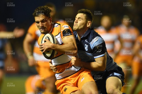 280918 - Cardiff Blues v Cheetahs - Guinness PRO14 - Louis Fouche of Cheetahs is tackled by Tomos Williams of Cardiff Blues