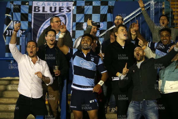 280918 - Cardiff Blues v Toyota Cheetahs - Guinness PRO14 - Willis Halaholo and Rey Lee-Lo of Cardiff Blues celebrate the win in with the Blues fans at full time
