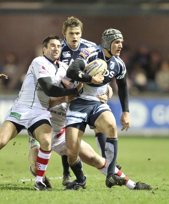 170212 Cardiff Blues v UlsterBlues Tom James is tackled by Ian Humphreys and Nevin Spence