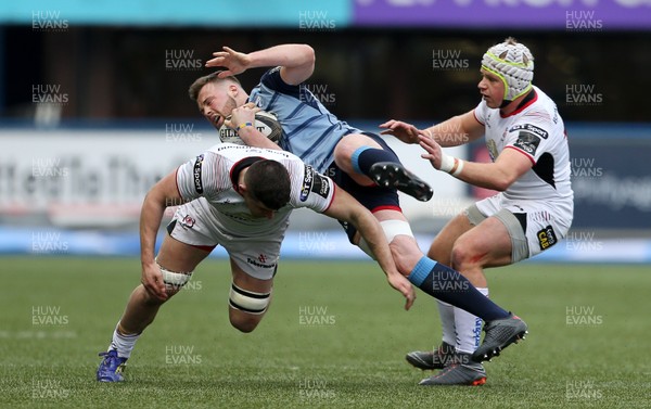 240318 - Cardiff Blues v Ulster  - Guinness PRO14 - Owen Lane of Cardiff Blues collides with Nick Timoney and Luke Marshall of Ulster