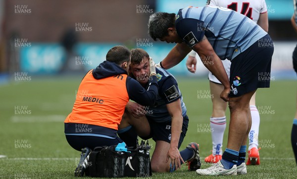 240318 - Cardiff Blues v Ulster  - Guinness PRO14 - Jarrod Evans of Cardiff Blues down injured after colliding with Wiehahn Herbst of Ulster