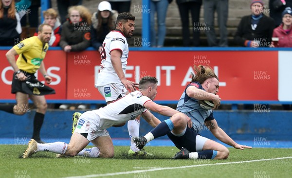 240318 - Cardiff Blues v Ulster  - Guinness PRO14 - Kristian Dacey of Cardiff Blues crosses the line to score a try