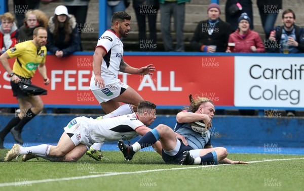 240318 - Cardiff Blues v Ulster  - Guinness PRO14 - Kristian Dacey of Cardiff Blues crosses the line to score a try