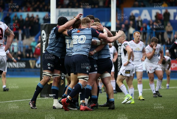 240318 - Cardiff Blues v Ulster  - Guinness PRO14 - Dillon Lewis of Cardiff Blues celebrates scoring a try with team mates