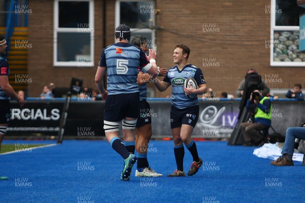 240318 - Cardiff Blues v Ulster - Guinness PRO14 - Jarrod Evans of Cardiff Blues celebrates scoring a try