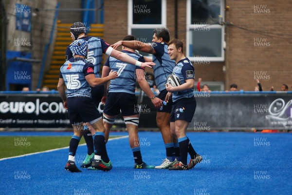 240318 - Cardiff Blues v Ulster - Guinness PRO14 - Jarrod Evans of Cardiff Blues celebrates scoring a try
