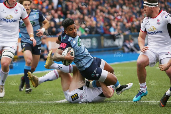 240318 - Cardiff Blues v Ulster - Guinness PRO14 - Rey Lee Lo of Cardiff Blues is tackled by John Cooney of Ulster