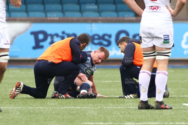 240318 - Cardiff Blues v Ulster - Guinness PRO14 - Matthew Rees of Cardiff Blues receives treatment