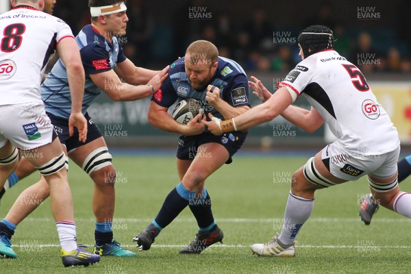 240318 - Cardiff Blues v Ulster - Guinness PRO14 - Scott Andrews of Cardiff Blues is tackled byKieran Treadwell of Ulster