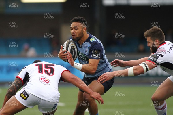 240318 - Cardiff Blues v Ulster - Guinness PRO14 - Willis Halaholo of Cardiff Blues is tackled by Charles Pitutau of Ulster