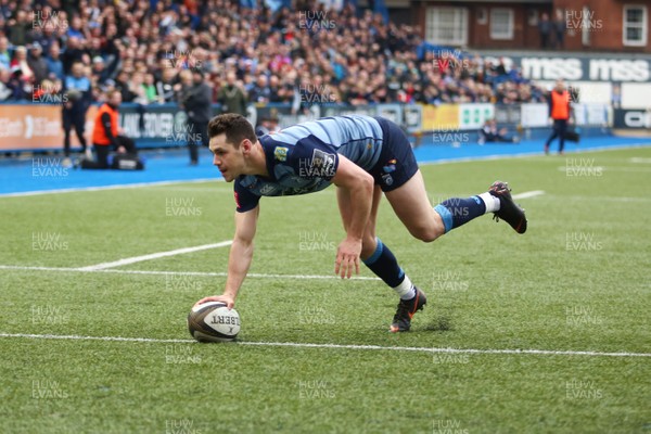 240318 - Cardiff Blues v Ulster - Guinness PRO14 - Tomos Williams of Cardiff Blues touches down but is pulled back for a forward pass