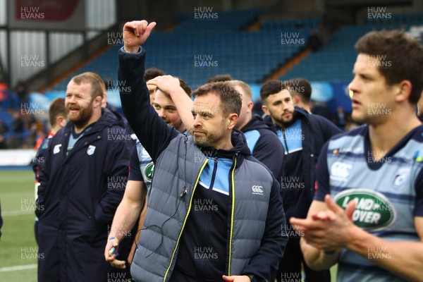 240318 - Cardiff Blues v Ulster - Guinness PRO14 - Head Coach of Cardiff Blues Danny Wilson applauds the crowd after his final home game