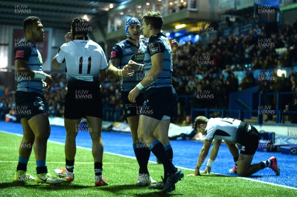 041117 - Cardiff Blues v Zebre - Guinness PRO14 - Lloyd Williams of Cardiff Blues celebrates his try with Tom James