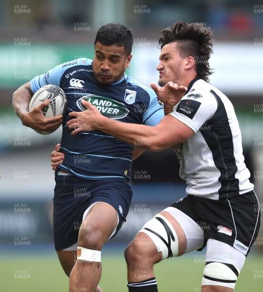 280417 - Cardiff Blues v Zebre - Guinness PRO12 - Rey Lee-Lo of Cardiff Blues is tackled by Jacopo Sarto of Zebre