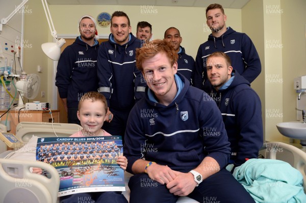 081215 - Cardiff Blues Visit Children's Hospital -Rhys Patchell, Cam Dolan, Sam Warburton, James Down, Taufa'ao Filise, Miles Normandale and Tom Isaacs with James Shepherd