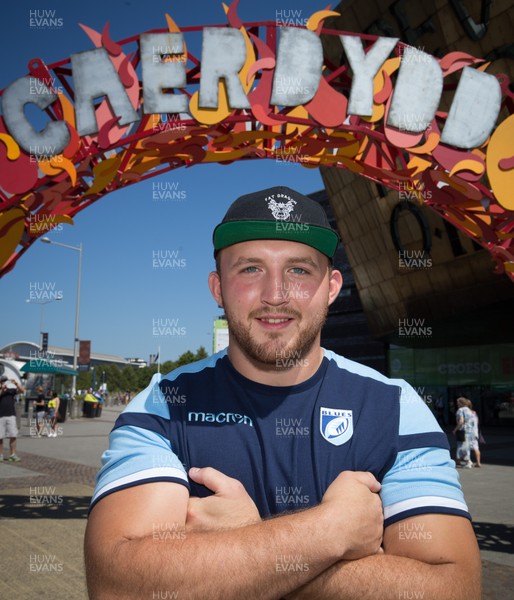 050818 - Cardiff Blues player Dillon Lewis at the National Eisteddfod in Cardiff Bay to help announce an increased commitment by Cardiff Blues to the Welsh language as part of CardiffsBilingual Day