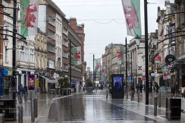 170320 - COVID-19 / Coronavirus - Picture shows St Mary Street in Cardiff quieter than usual on Tuesday afternoon 