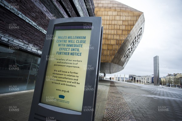 170320 - COVID-19 / Coronavirus - Picture shows the sign outside Wales Millennium Centre on the day it has closed