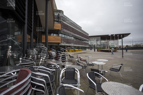 170320 - COVID-19 / Coronavirus - Picture shows stacked up chairs outside the Wales Millennium Centre on the day at as closed