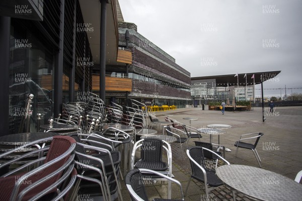 170320 - COVID-19 / Coronavirus - Picture shows stacked up chairs outside the Wales Millennium Centre on the day at as closed