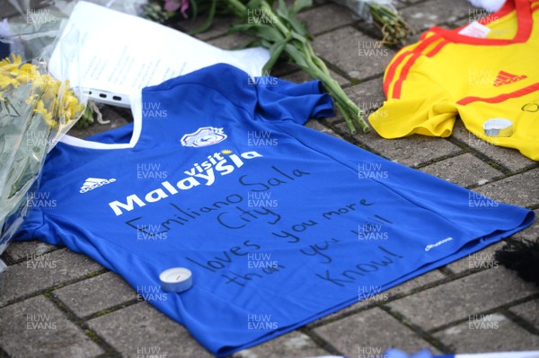 230119 - Emiliano Sala Plane Disappearance -Tributes are left after Cardiff City Stadium after the disappearance of Emiliano Sala plane
