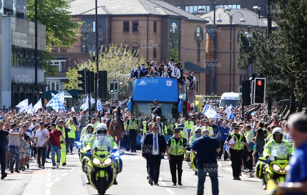 130518 - Cardiff City Open top bus tour to celebrate being promoted into the Premier League - The bus arrives in Castle Street