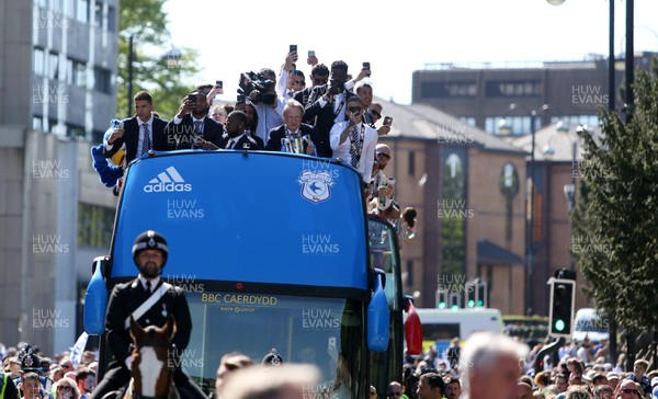 130518 - Cardiff City Open top bus tour to celebrate being promoted into the Premier League - The bus arrives in Castle Street