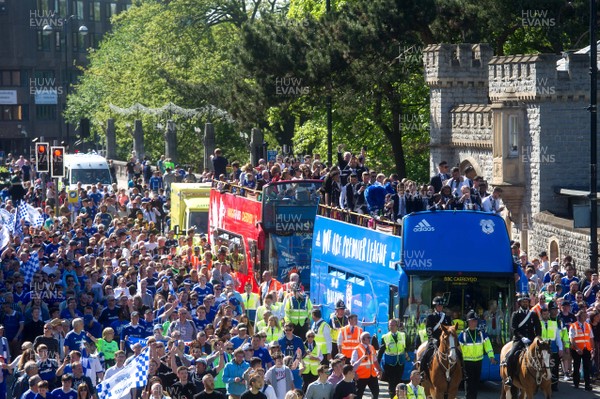 130518 - Cardiff City Premier League Promotion Parade Cardiff City players and staff are paraded through the streets of Cardiff on an open top bus