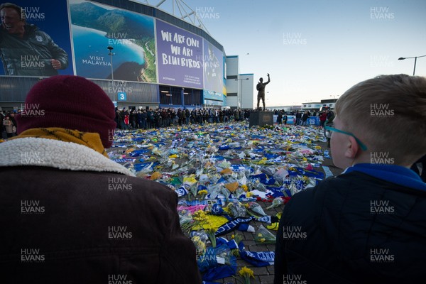 020219 - Cardiff City v AFC Bournemouth, Premier League - Flowers and tributes to Emiliano Sala continue to grow in numbers outside Cardiff City Stadium ahead of the match against Bournemouth