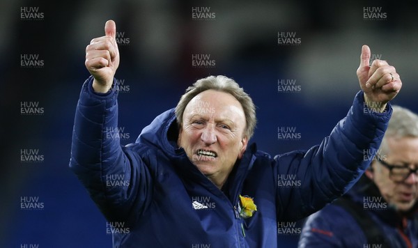 020219 - Cardiff City v AFC Bournemouth, Premier League - Cardiff City manager Neil Warnock leads the fans celebrations at the end of the match