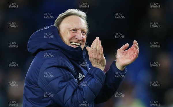 020219 - Cardiff City v AFC Bournemouth, Premier League - Cardiff City manager Neil Warnock leads the fans celebrations at the end of the match