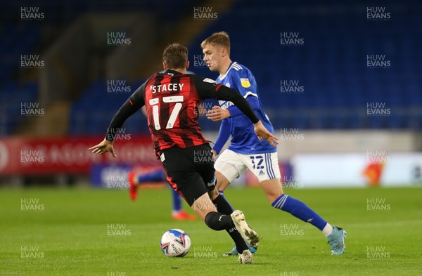 211020 - Cardiff City v AFC Bournemouth, Sky Bet Championship - Joel Bagan of Cardiff City takes on Jack Stacey of Bournemouth