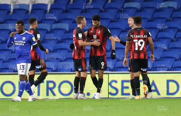 211020 - Cardiff City v AFC Bournemouth, Sky Bet Championship - Dominic Solanke of Bournemouth is congratulated by teammates after scoring goal