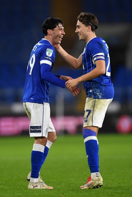 021225 -  Cardiff City v AFC Wimbledon - Vertu Trophy - Luey Giles of Cardiff City celebrates scoring a goal with Joel Colwill of Cardiff City