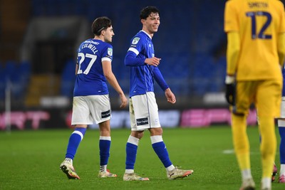 021225 -  Cardiff City v AFC Wimbledon - Vertu Trophy - Luey Giles of Cardiff City celebrates scoring a goal with Joel Colwill of Cardiff City