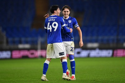 021225 -  Cardiff City v AFC Wimbledon - Vertu Trophy - Luey Giles of Cardiff City celebrates scoring a goal with Joel Colwill of Cardiff City