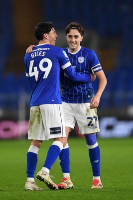 021225 -  Cardiff City v AFC Wimbledon - Vertu Trophy - Luey Giles of Cardiff City celebrates scoring a goal with Joel Colwill of Cardiff City