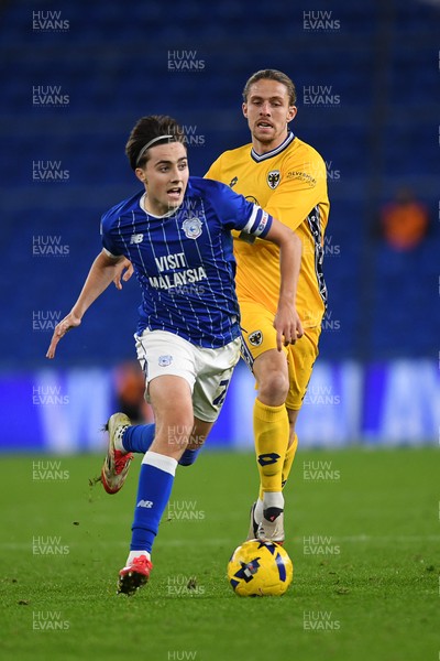 021225 -  Cardiff City v AFC Wimbledon - Vertu Trophy - Joel Colwill of Cardiff City is challenged by Danilo Orsi-Dadomo of Wimbledon