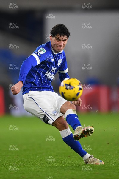 021225 -  Cardiff City v AFC Wimbledon - Vertu Trophy - Luey Giles of Cardiff City scores from a free kick 