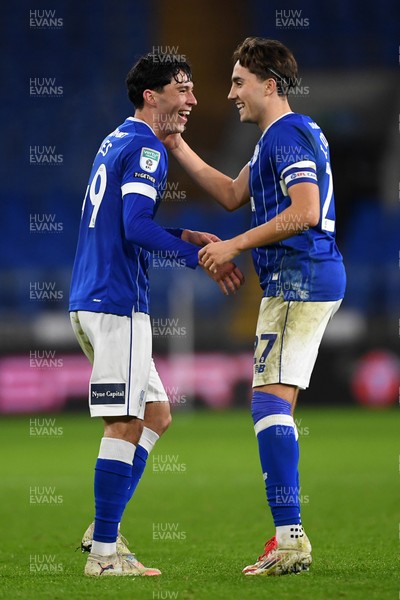 021225 -  Cardiff City v AFC Wimbledon - Vertu Trophy - Luey Giles of Cardiff City celebrates scoring a goal with Joel Colwill of Cardiff City