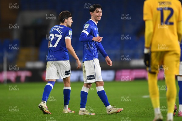 021225 -  Cardiff City v AFC Wimbledon - Vertu Trophy - Luey Giles of Cardiff City celebrates scoring a goal with Joel Colwill of Cardiff City