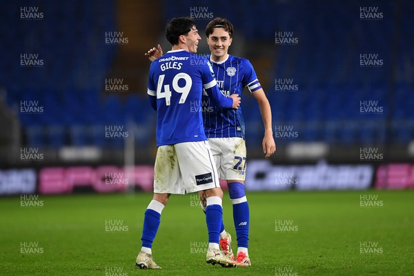 021225 -  Cardiff City v AFC Wimbledon - Vertu Trophy - Luey Giles of Cardiff City celebrates scoring a goal with Joel Colwill of Cardiff City